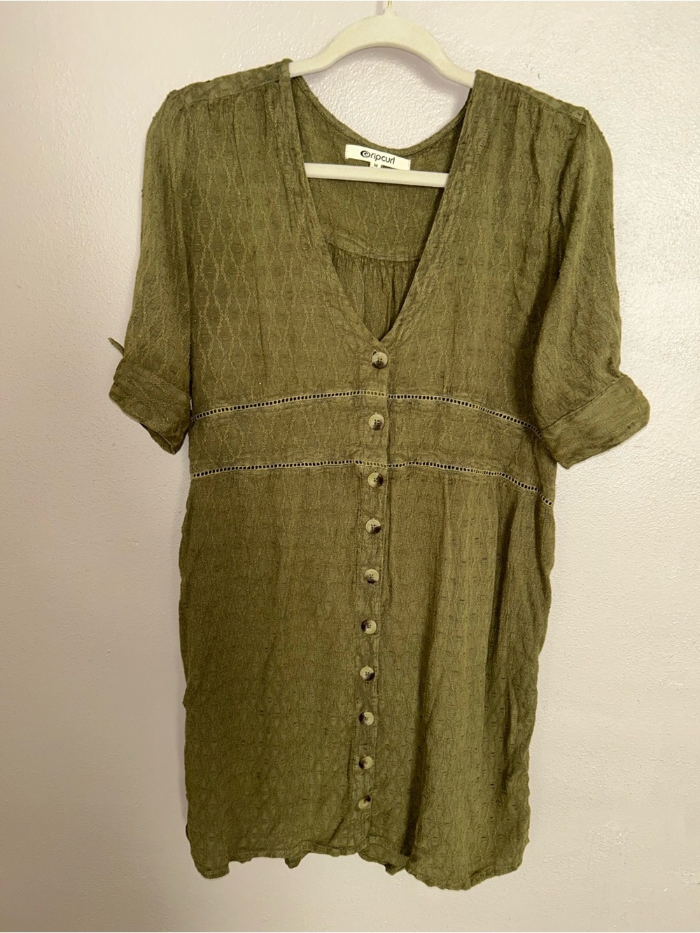 Rip Curl Olive Textured knit button up dress w/ tie sleeves